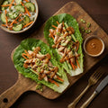 Peanut Chicken Lettuce Wraps, Fresh Cucumber-Carrot Salad, Rice Noodles, Romaine, Peanut Sauce, Scallions