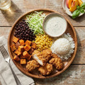 Crispy Chicken & 5-herb Ranch Bowl, Sweet Potatoes, Black Beans, Corn, Shredded Cabbage, Rice