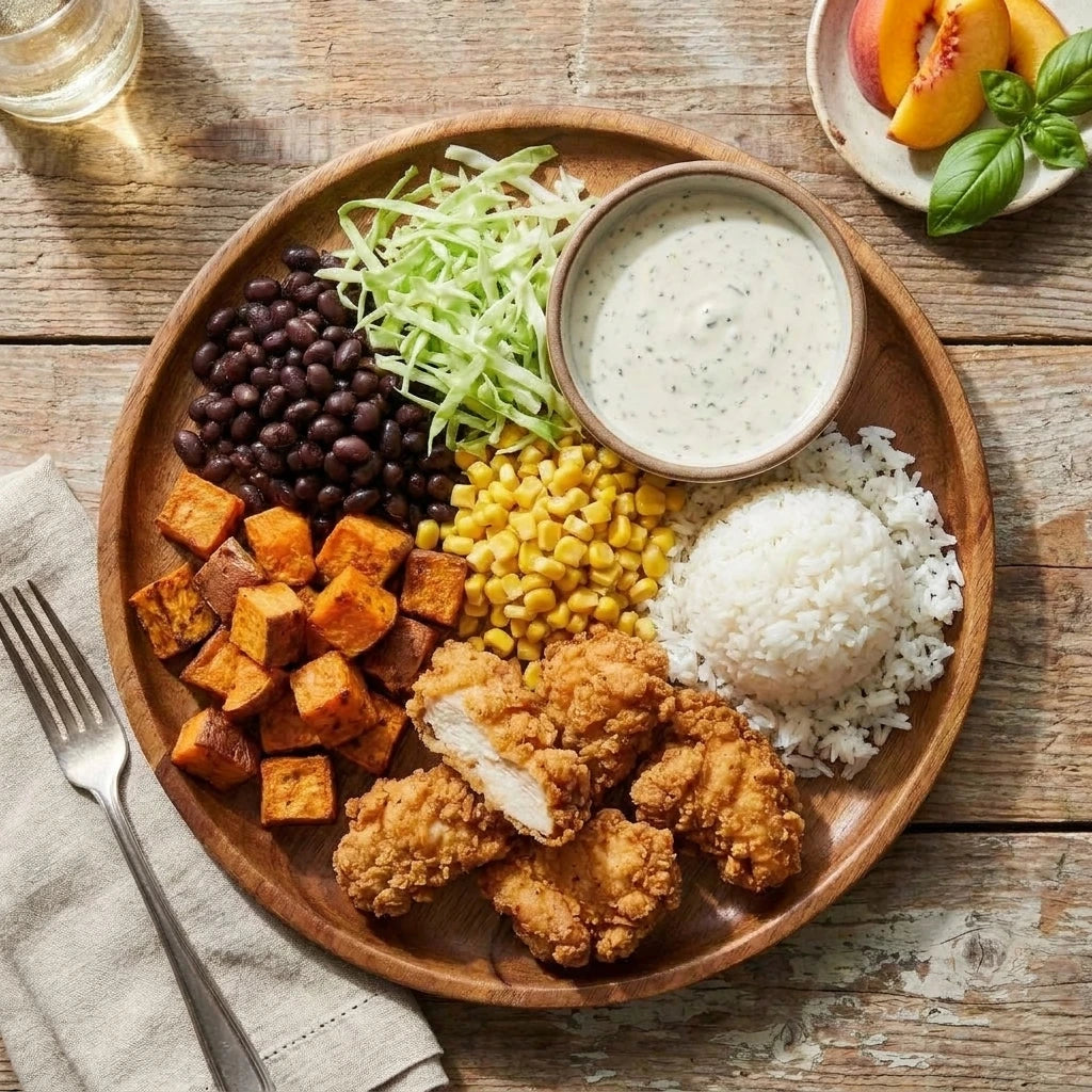 Crispy Chicken & 5-herb Ranch Bowl, Sweet Potatoes, Black Beans, Corn, Shredded Cabbage, Rice