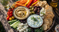 Mediterranean Nibble Board, Hummus, Tzatziki, Olives, Crudites, Feta Cheese, Crackers