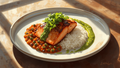 Pan Seared Salmon, Curried Eggplant & Red Lentil Dahl, Rice Coconut Creamed Spinach, Cherry Tomatoes, Basil