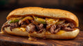 Philly Cheesesteak Sandwich, Caramelized Onions, Green Peppers, Provolone, Hoagie, Mixed Greens Side Salad with Balsamic Vinaigrette 