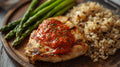 Romesco Grilled Chicken, Red Pepper Sauce, Asparagus, Wild Rice