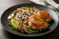 Bone in Chicken Thighs, Cream of Mushroom Rice, Roasted Leeks, Turnips, and Peas, Thyme