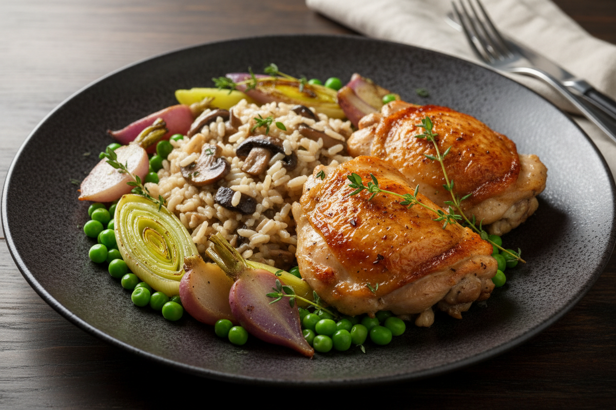 Bone in Chicken Thighs, Cream of Mushroom Rice, Roasted Leeks, Turnips, and Peas, Thyme