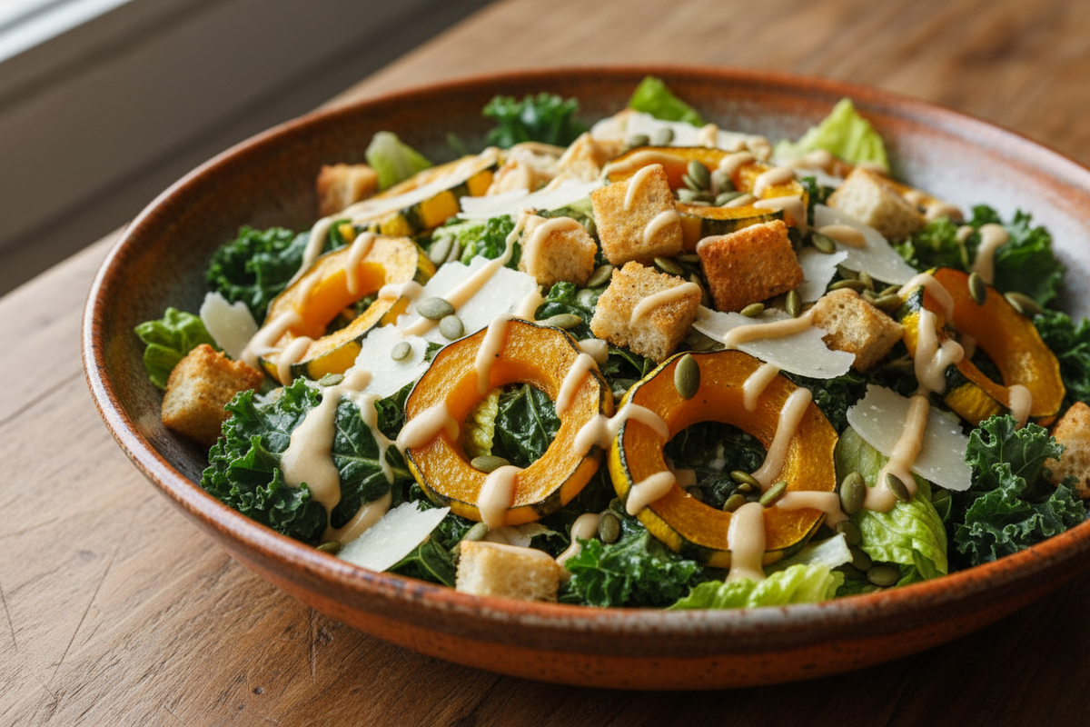Side Early Autumn Caesar Salad: delicata squash, croutons, romaine, kale, parmesan, pepitas, Caesar dressing
