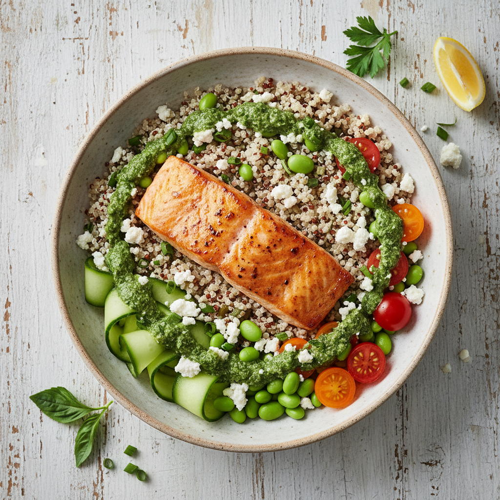 Green Goddess Salmon & Quinoa Bowl, Cucumber, Feta, Edamame, Cherry Tomatoes