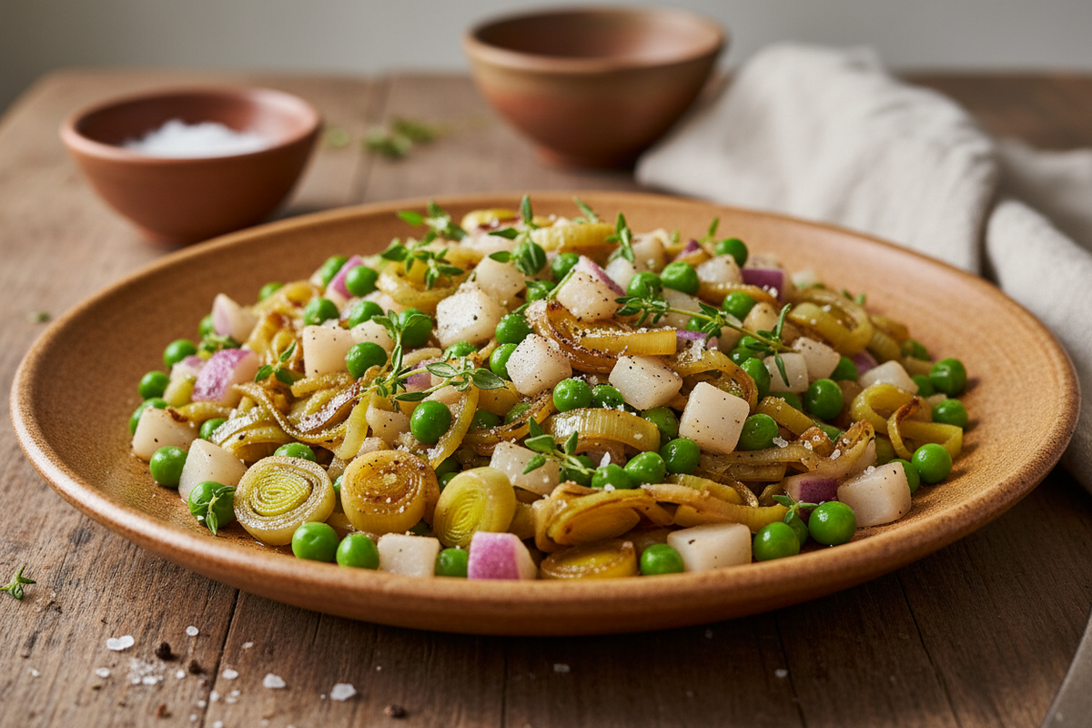 Side Leek, Turnip, and pea hash, Thyme