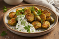 Side Pan Roasted Brussels Sprouts, Herby Horseradish Creme Fraiche