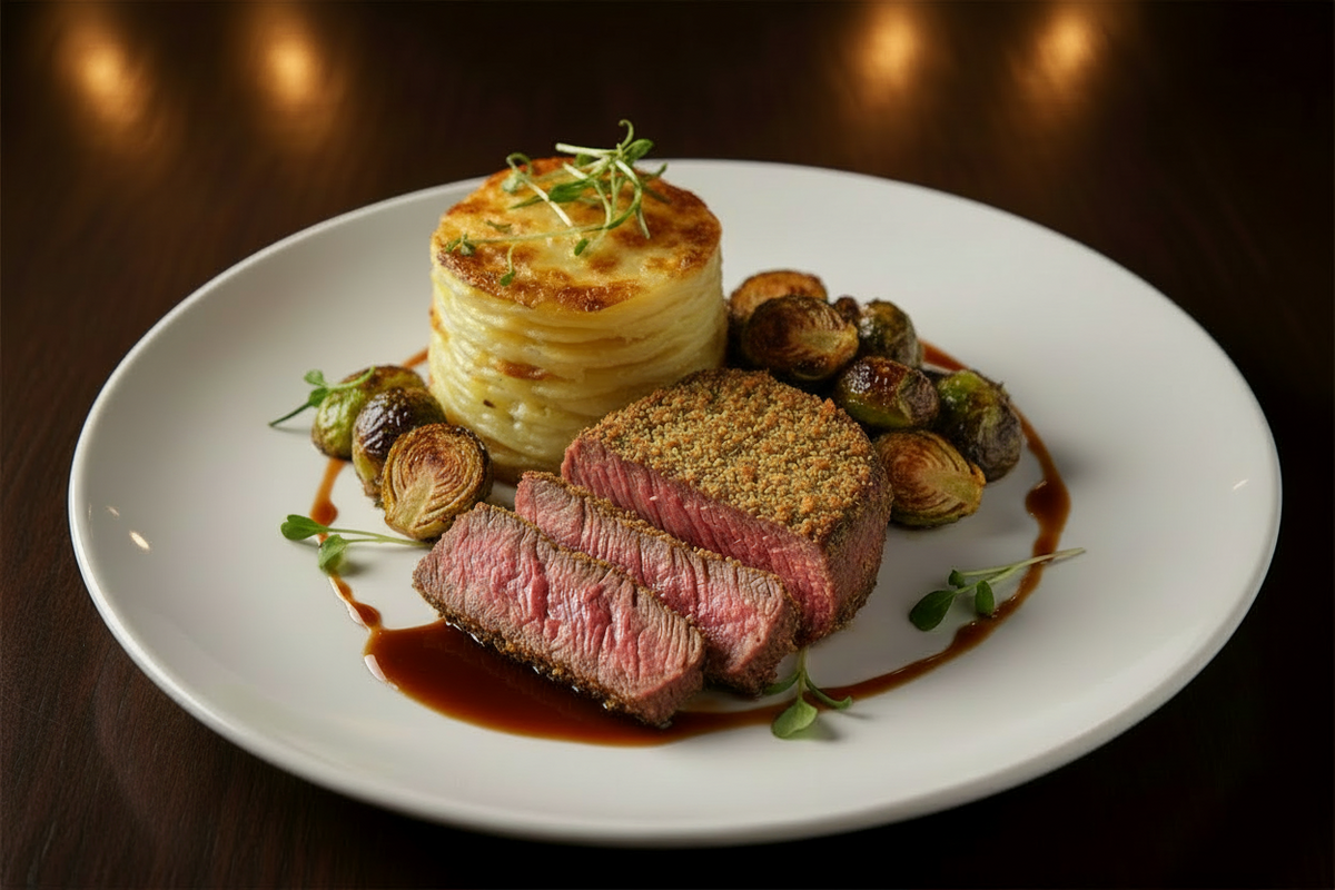 Rosemary Crusted Denver Steaks, Potatoes Dauphinoise, Brussels Sprouts, Caramelized Onion Jus