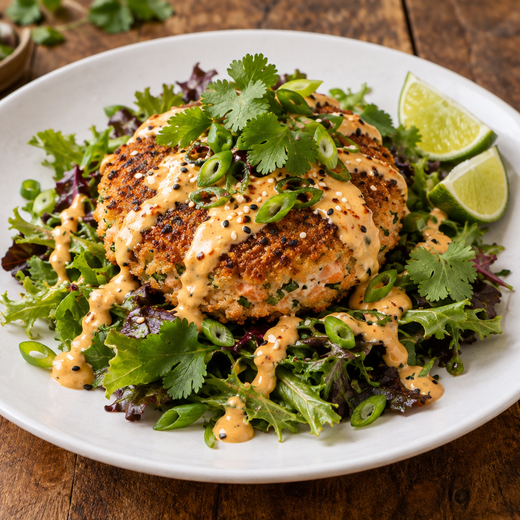 Spicy Sesame Mayo Salmon Cake Salad