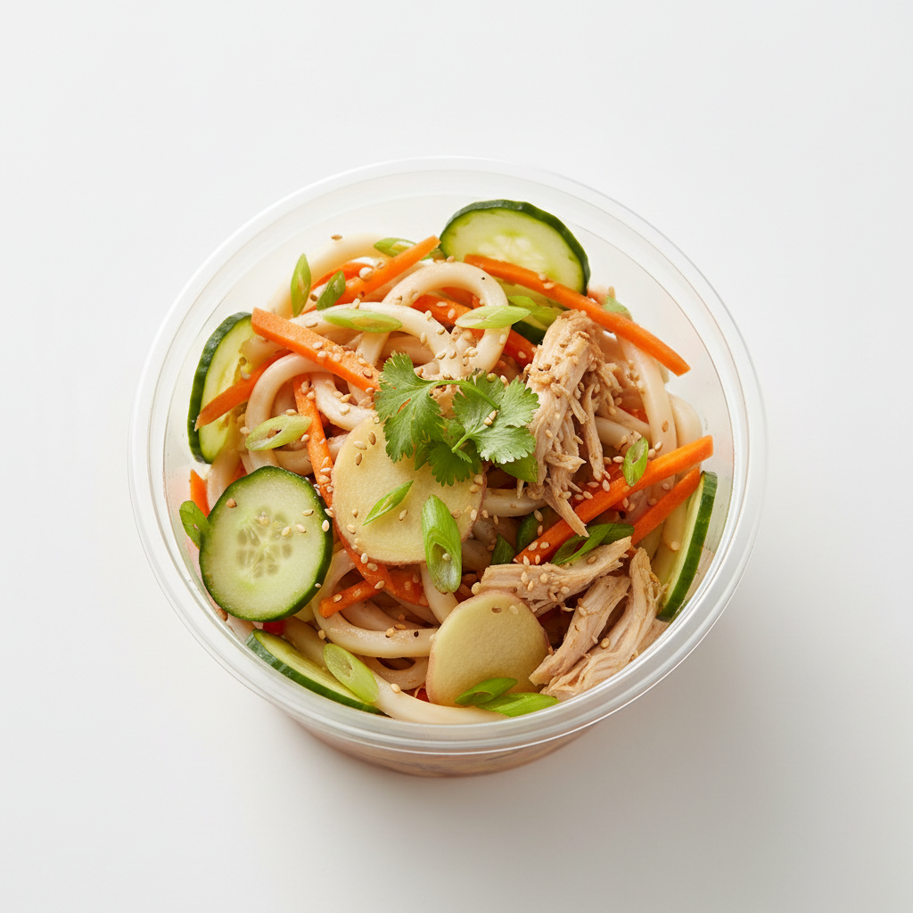 Pint Udon Noodle Salad, Carrots, Soy Pickled Cucumbers, Ginger, Scallions, Pulled Chicken